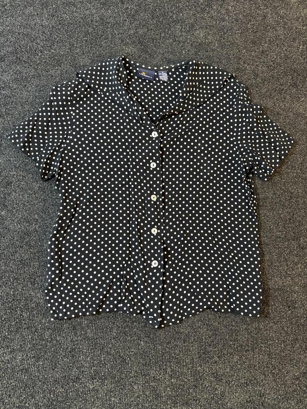 Liz Sport Blouse Womens M Black Polka Dot Short Sleeve Button Front Rayon Casual